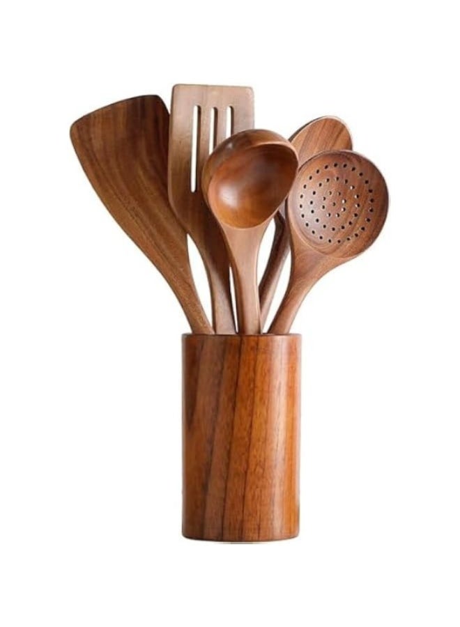 CERAMIC Wooden Spoons For Cooking 6 Piece Organic Bamboo Utensil Set With Holder Wood Kitchen Utensils Spatula Spoon For High Heat Stirring In Nonstick Pots & Pans Quality (Dark Brown) - Image 4